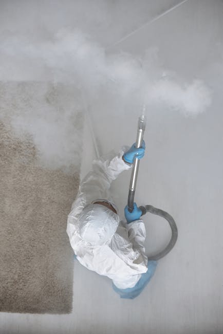 A professional cleaner dressed in a white hazmat suit and blue gloves is using a steam cleaning device on a carpeted floor, producing visible steam. The room features a beige carpet, a white wall, and a wooden floor area adjacent to the carpet, with bright overhead lighting illuminating the scene. Carpet Cleaning Knightsbridge specializes in surface cleaning and deep cleaning services, demonstrating their expertise in upholstery care and hygiene maintenance in a residential or commercial setting.